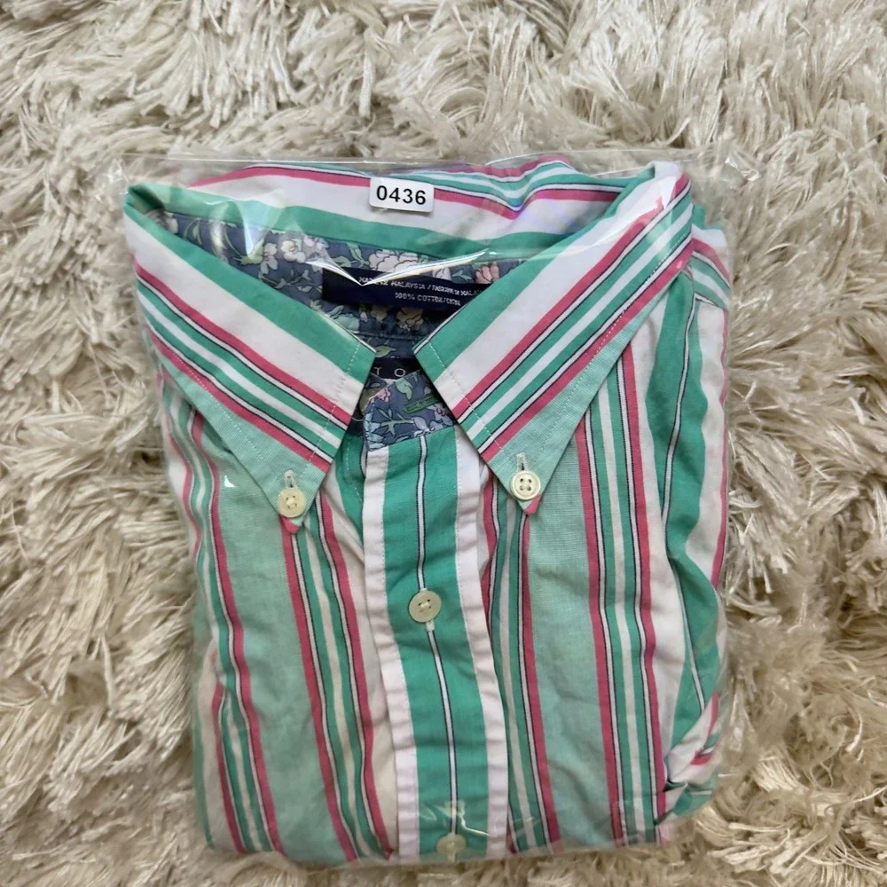 Vintage 90s Tommy Hilfiger Striped Button Down Shirt Mens L Green Pink Crest